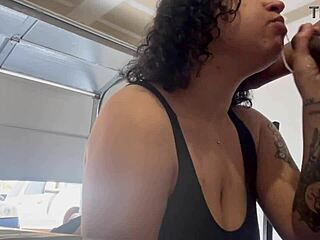 Sloppy garage blowjob from interracial amateur. She drains my balls with intense pleasure.