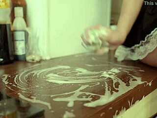 Blonde maid in cosplay says, 'Touch my tits in the kitchen.'