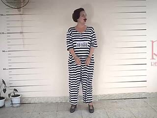 photographing detained lady undressing in prison for cosplay. camera captures every moment of her submission.