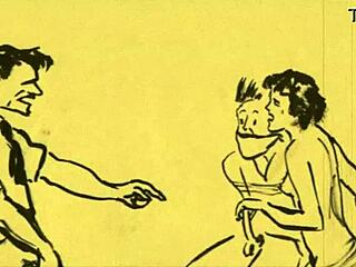 Vintage comic drawings depict erotic anime scenes with hentai elements