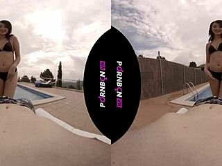 My young nympho neighbor enters the community pool horny and wants to fuck outdoors in POV Latina VR