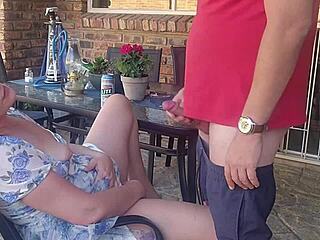 Caught my friend’s wife fingering on patio, joined in!