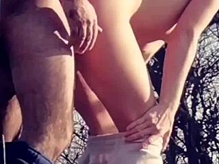 they push his cock deep into her throat in the field