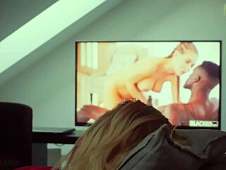 hot blonde moans while masturbating to bbc porn on tv