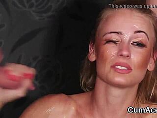 Hey, frisky honey swallows cumshots on her face!