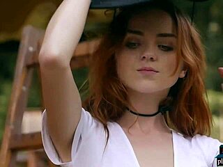 tiny teen model strips naked outdoor by woodpile