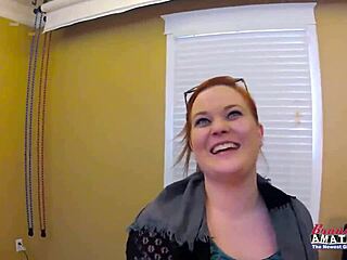 Redhead cutie Carolyn fingers her shaved pussy deeply. She deepthroats a hard cock in curvy POV with big natural tits.