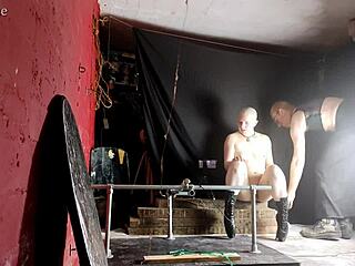 eryns first time on the one bar prison with ass bondage and dildo backstage in boots