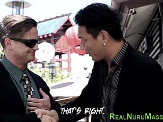 Asian nuru masseuse gives handjob in hardcore threesome massage with cum in mouth jizz.