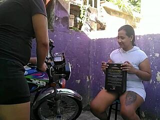 Wow! Lesbian sex at outdoor bike wash ends in creamy orgasm!