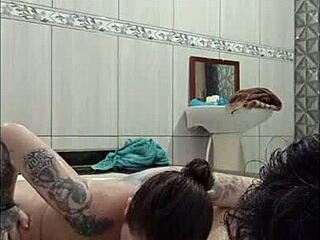 sex full of lust in bathtub with milk in mouth