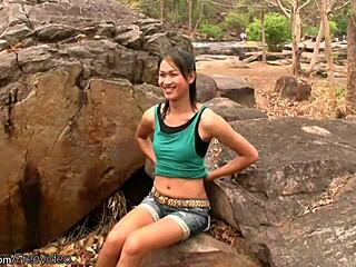 ladyboy with tiny tits strips and jerks to cum