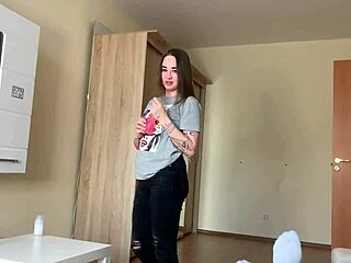 Amateur brunette college girlfriend bends over for doggystyle fucking and cowgirl riding in homemade quickie sex session