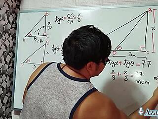 Intense triangle of pleasure for asian student and teacher in bedroom