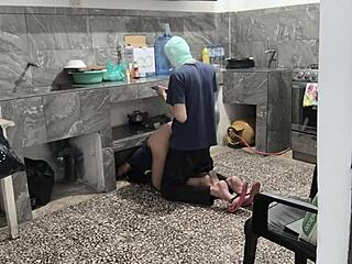 Stepsister stuck in kitchen, helped and filmed brown buttocks