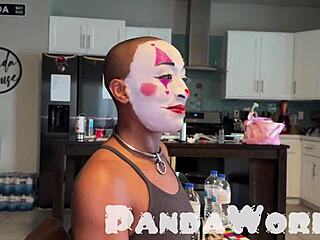Clown Bald Ebony Cleo Panda Gives BJ and Rides BBC