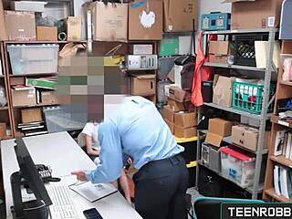 Whoa this shaved teen 18+ shoplifter gets punished with rough doggystyle by the creepy garage guard 😈.