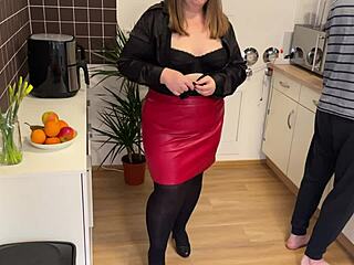 My husband caught sight of my stepmom in her skirt and pantyhose. He started jerking off while watching her wet hairy pussy.