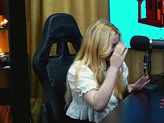 Branquinha da Viamms Bent Over on Podcast Table! Tiny Panties Reveal Her Wet Pussy So Horny!