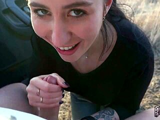 Black Lynn gives blowjob handjob in car at sunset. She swallows cum in mouth during outdoor public pov with big cock.