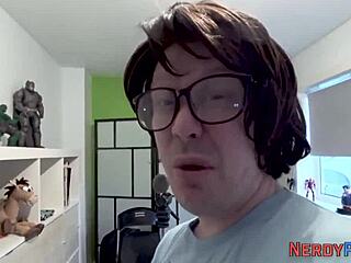 Big tit slut swallows nerds dick