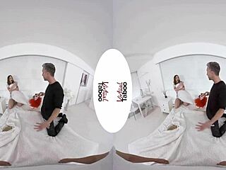 What hints at the brunette's shaved pussy in this virtual taboo home porn prank with pov handjob