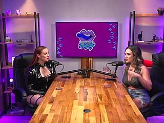 the redhead milf dominates as bdsm queen in latex corset. she teases with striptease and pussy licking at wild party!