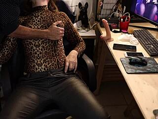 french amateur in black leather pants leo red satin bodysuit heels rimming doggystyle pov