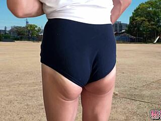 Girls dressed in uniforms for outdoor physical education class with solo masturbation moments