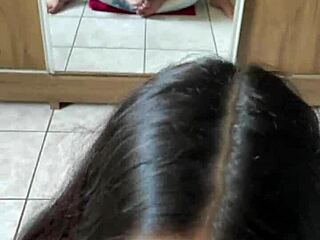 uh, i love this nerd morena peituda doing deep blowjob on wellington prado's big cock, like from behind in mirror with jeans shorts