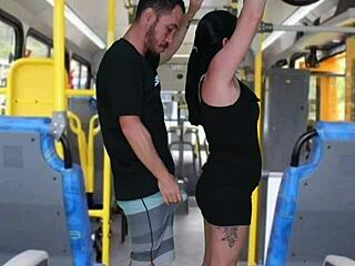 Watch this old creep flash and masturbate until he cums on the curvy brunette inside the bus!