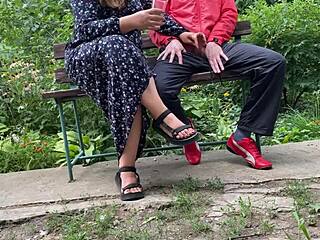 Curvy mother-in-law flashes tits and takes cum outdoors