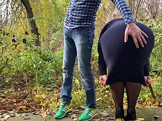 Mother-in-Law Pees Outdoors in Stockings and Heels