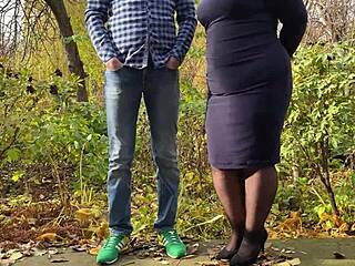 Mother-in-Law Pees Outdoors in Stockings and Heels