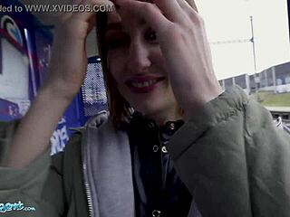 Public agent spots train station smoker flashing tits to settle her fine.